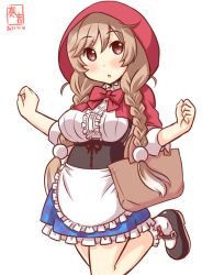 Rule 34 | 1girl, artist logo, bag, blue skirt, braid, breasts, cloud hair ornament, commentary request, cosplay, cowboy shot, dated, frilled shirt, frilled skirt, frills, gradient hair, kanon (kurogane knights), kantai collection, large breasts, light brown hair, little red riding hood, little red riding hood (grimm), little red riding hood (grimm) (cosplay), long hair, looking at viewer, minegumo (kancolle), multicolored hair, one-hour drawing challenge, red eyes, red hood, shirt, simple background, skirt, solo, twin braids, white background