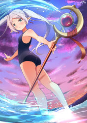 Rule 34 | 1girl, ass, black one-piece swimsuit, drop earrings, dusk, earrings, elf, feet out of frame, frieren, green eyes, highres, inakami, jewelry, long hair, looking at viewer, looking back, mage staff, one-piece swimsuit, parted bangs, pointy ears, school swimsuit, solo, sousou no frieren, swimsuit, twintails, wading, water, white hair
