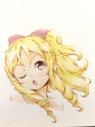 Rule 34 | 10s, 1girl, blonde hair, bow, brown eyes, chestnut mouth, colored pencil (medium), commentary request, drill hair, eromanga sensei, hair bow, head tilt, highres, long hair, looking at viewer, one eye closed, open mouth, portrait, red bow, sidelocks, solo, to ufu@to ufu, traditional media, v-shaped eyebrows, yamada elf