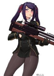 Rule 34 | 1girl, black gloves, black pantyhose, blush, bullpup, cigarette, commentary, cosplay, english commentary, finalcake, girls&#039; frontline, gloves, gun, holding, holding gun, holding weapon, jill stingray, navel, pantyhose, purple eyes, purple hair, rifle, simple background, sniper rifle, solo, twintails, va-11 hall-a, wa2000 (girls&#039; frontline), wa2000 (girls&#039; frontline) (cosplay), walther, walther wa 2000, weapon, white background