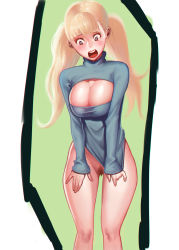 Rule 34 | 1girl, absurdres, bad id, bad pixiv id, blonde hair, blush, breasts, chopguy, cleavage cutout, clothes tug, clothing cutout, female pubic hair, highres, large breasts, long hair, looking down, meme attire, open-chest sweater, open mouth, original, pubic hair, shirt, solo, sweater, sweater tug, taut clothes, taut shirt, twintails