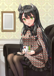 Rule 34 | 1girl, black hair, black pantyhose, blush, box, couch, drawing (object), gift, gift box, green eyes, hair between eyes, headgear, i-47 (kancolle), kantai collection, long hair, long sleeves, low-tied long hair, mayura (lucadia), official alternate costume, open mouth, pantyhose, sidelocks, sitting, smile, solo