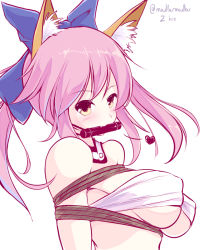 Rule 34 | 10s, 1girl, animal ears, artist name, bare shoulders, bdsm, blue bow, blush, bondage, bound, bow, bra, breasts, choker, covered erect nipples, fang, fate/extra, fate (series), female focus, fox ears, hair bow, heart, large breasts, maullarmaullar, mouth hold, pink hair, ponytail, shibari, simple background, solo, sweatdrop, tamamo (fate), tamamo no mae (fate/extra), underboob, underwear, upper body, white background, white bra