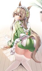Rule 34 | 1girl, all fours, animal ears, apron, ass, bow, braid, brown eyes, brown hair, cup, feet out of frame, from behind, green jacket, hair between eyes, half updo, highres, horse ears, horse girl, horse tail, jacket, jersey maid, large bow, long hair, long sleeves, looking at viewer, maid, maid apron, maid headdress, mikazuki mika, satono diamond (umamusume), solo, spill, tail, thighhighs, track jacket, umamusume, unconventional maid, white thighhighs, wooden floor