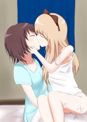 Rule 34 | 2girls, absurdres, blanket, blonde hair, bow, brown hair, camisole, couple, dated, closed eyes, funami yui, hair bow, hand on another&#039;s cheek, hand on another&#039;s face, highres, kiss, long hair, mayumi (6363636), multiple girls, no pants, on lap, panties, signature, sitting, sitting on lap, sitting on person, strap slip, thighs, toshinou kyouko, underwear, underwear only, white panties, yuri, yuru yuri