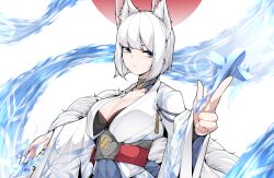 Rule 34 | 1girl, :/, absurdres, animal ears, azur lane, blue eyes, blue fire, blue skirt, breasts, cleavage, expressionless, eyeshadow, fire, flight deck, fox ears, fox girl, fox tail, hand up, highres, holding paper airplane, japanese clothes, japanese flag, kaga (azur lane), kimono, kitsune, large breasts, long sleeves, looking at viewer, makeup, medium hair, multiple tails, no mask, outstretched arms, pleated skirt, pointing, pointing at viewer, print kimono, red eyeshadow, red sun, rigging, samip, short hair, skirt, slit pupils, solo, staring, tail, upper body, white hair, white kimono, wide sleeves