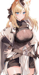 Rule 34 | 1girl, animal ear fluff, animal ears, arknights, belt, blonde hair, blue eyes, blush, breasts, cape, commentary request, cowboy shot, hand on own hip, highres, kinona, large breasts, long hair, looking at viewer, partial commentary, simple background, smile, solo, standing, thighs, whislash (arknights), white background, white cape