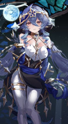 Rule 34 | 1girl, bare shoulders, black gloves, black skirt, blue hair, blue hood, bracelet, breasts, circlet, claw ring, detached sleeves, drill hair, drill sidelocks, duplicate, genshin impact, gloves, hair between eyes, highres, hood, hood up, jewelry, layla (genshin impact), long hair, long sleeves, looking at viewer, low twintails, medium breasts, neck ring, orb, pants, parted lips, pixel-perfect duplicate, pointy ears, puffy long sleeves, puffy sleeves, sash, sidelocks, skirt, solo, sparkle, temir, thighlet, thighs, tight clothes, tight pants, twintails, very long hair, white pants, yellow eyes