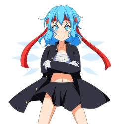 Rule 34 | &gt;:), 1girl, alternate costume, blue eyes, blue hair, cato (monocatienus), chest sarashi, cirno, coat, collarbone, crossed arms, gakuran, gloves, hachimaki, hairband, headband, ice, ice wings, long sleeves, looking at viewer, matching hair/eyes, midriff, navel, no shirt, open clothes, open coat, ouendan, sarashi, school uniform, simple background, skirt, smirk, solo, touhou, v-shaped eyebrows, white gloves, wings