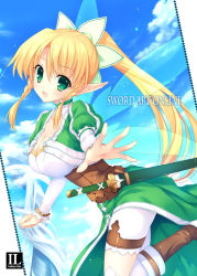 Rule 34 | 10s, 1girl, :d, blonde hair, blush, boots, bracelet, braid, breasts, cleavage, copyright name, elf, fairy wings, green eyes, jewelry, large breasts, leafa, long hair, mitha, open mouth, pointy ears, ponytail, puffy sleeves, sheath, sheathed, shorts, side braid, smile, solo, sword, sword art online, twin braids, weapon, wings