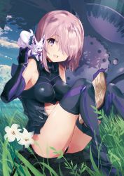 Rule 34 | 1girl, black gloves, black leotard, black thighhighs, blue sky, blush, book, boots, breasts, cloud, cloudy sky, day, elbow gloves, fate/grand order, fate (series), flower, fou (fate), gloves, grass, hair over one eye, highres, leotard, looking at another, mash kyrielight, medium breasts, on shoulder, open book, open mouth, outdoors, purple eyes, purple gloves, purple hair, purple legwear, rock, shield, short hair, sitting, sitting on rock, sky, smile, solo, tetsujin momoko, thighhighs, thighs, white flower