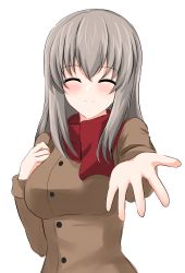 Rule 34 | 1girl, absurdres, aikir (jml5160), brown coat, closed mouth, coat, commentary, facing viewer, girls und panzer, highres, itsumi erika, long sleeves, medium hair, reaching, reaching towards viewer, red scarf, scarf, silver hair, simple background, smile, solo, upper body, white background