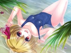 Rule 34 | 1girl, :d, blonde hair, blush, breasts, covered navel, fang, fangs, fujino (yoshi9798174), hair ribbon, highres, lying, on back, one-piece swimsuit, open mouth, partially submerged, red eyes, ribbon, rumia, school swimsuit, shiny clothes, short hair, small breasts, smile, solo, starfish, swimsuit, touhou, upside-down