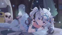 Rule 34 | 1girl, :3, absurdres, ahoge, bare shoulders, black hair, blue eyes, blunt bangs, book, collarbone, commentary, commission, curly hair, curtains, dress, english commentary, garter straps, gradient hair, hair ornament, hairclip, highres, indie virtual youtuber, indoors, klaius, long hair, looking at viewer, lying, mikazuki silvi, multicolored hair, night, on bed, on side, smile, solo, star (symbol), star hair ornament, streaked hair, stuffed owl, thighhighs, virtual youtuber, white hair, white thighhighs, window, wooden floor