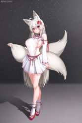 Rule 34 | 1girl, absurdres, ahoge, animal ear fluff, animal ears, bare legs, bare shoulders, breasts, closed mouth, clothing cutout, commission, crossed legs, earrings, expressionless, extra ears, eyeshadow, flower, fox ears, fox girl, fox tail, full body, groin, hair between eyes, hair flower, hair ornament, hakama, hakama skirt, highres, japanese clothes, jewelry, kitsune, kkam-sang, large breasts, long hair, long sleeves, looking at viewer, makeup, miniskirt, mole, mole on breast, multiple tails, original, platform footwear, pleated skirt, pointy ears, red eyes, ribbon-trimmed sleeves, ribbon trim, sandals, shadow, shoulder cutout, sideboob, sideless outfit, skirt, socks, solo, standing, tabi, tail, very long hair, watson cross, white hair, white skirt, white socks, zouri