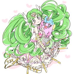 Rule 34 | 1girl, blush, boots, bow, detached sleeves, dress, falulu, forehead jewel, gem, green hair, grey eyes, headphones, heart, holding, long hair, mokeo, pretty series, pripara, simple background, sitting, thigh boots, thighhighs, twintails, unicorn (pripara), white background, white dress, white footwear