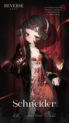 Rule 34 | 1girl, black hair, coat, dress, feather dress, feather hair ornament, feathers, finger on trigger, gem hair ornament, gun, hair ornament, highres, holding, holding gun, holding weapon, jacket, jewelry, long sleeves, looking at viewer, necklace, official art, red dress, red eyes, red feathers, reverse:1999, schneider (reverse:1999), short hair, smile, solo, weapon, weapon request