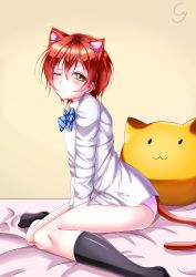 Rule 34 | 1girl, :&lt;, absurdres, animal ears, arm support, arms between legs, bad id, bad pixiv id, bed, bed sheet, black legwear, blush, bow, bowtie, cyarka, from side, head tilt, highres, hoshizora rin, indoors, looking at viewer, love live!, love live! school idol project, no pants, one eye closed, orange hair, panties, pink panties, shirt, short hair, signature, sitting, stuffed toy, tail, underwear, wariza, white shirt, yellow eyes