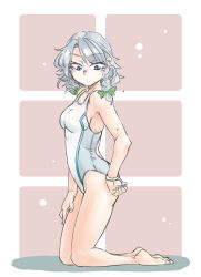 Rule 34 | 1girl, adjusting clothes, adjusting swimsuit, bare shoulders, blue eyes, bracelet, braid, breasts, competition swimsuit, highres, izayoi sakuya, jewelry, kneeling, one-piece swimsuit, ponke, ribbon, short hair, silver hair, solo, swimsuit, touhou, twin braids, white one-piece swimsuit