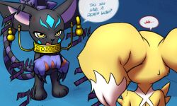Rule 34 | angry, blacktailmon, cat, digimon, digimon (creature), jewelry, looking at another, original, ring, x-antibody, yellow eyes