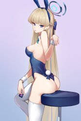 Rule 34 | 1girl, absurdres, animal ears, aoi riko, ass, blonde hair, blue archive, blue eyes, blue hair, blue leotard, bow, bowtie, braid, breasts, condom, detached collar, fake animal ears, halo, highres, holding, holding condom, leotard, long hair, looking at viewer, medium breasts, multicolored hair, official alternate costume, playboy bunny, rabbit ears, simple background, solo, strapless, strapless leotard, streaked hair, thighhighs, thighs, toki (blue archive), toki (bunny) (blue archive), very long hair, white thighhighs, wrist cuffs