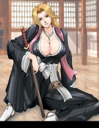 Rule 34 | aftersex, bleach, breasts, cum, cum in mouth, cum on body, cum on breasts, cum on upper body, huge breasts, japanese clothes, kimono, kitame, matsumoto rangiku, orange hair, sword, uncensored, weapon