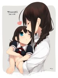 Rule 34 | 10s, 2girls, ;o, ^ ^, aged down, black hair, blue eyes, blush, braid, carrying, closed eyes, closed mouth, collared shirt, dated, dress shirt, dual persona, from side, hair over shoulder, heart, hug, kantai collection, long hair, looking at another, low twintails, multiple girls, one eye closed, parted lips, rayvon, shigure (kancolle), shirt, short sleeves, short twintails, side braid, sidelocks, smile, thank you, twintails, white shirt