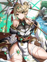 Rule 34 | 1girl, absurdres, alternate hairstyle, animal ears, bare shoulders, blonde hair, blush, breasts, collarbone, dress, fake animal ears, fgsketch, hair ornament, highres, holding, holding umbrella, japanese clothes, large breasts, looking at viewer, mythra (xenoblade), oil-paper umbrella, outdoors, pelvic curtain, smile, solo, thigh strap, thighs, tiara, umbrella, white dress, wide sleeves, xenoblade chronicles (series), xenoblade chronicles 2, yellow eyes