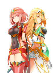 Rule 34 | 2girls, armor, blonde hair, breasts, covered navel, dress, earrings, fingerless gloves, gloves, green eyes, hair ornament, highres, jewelry, large breasts, long hair, looking at viewer, multiple girls, murata taichi, mythra (xenoblade), nintendo, pyra (xenoblade), red eyes, red hair, short hair, shorts, sidelocks, simple background, smile, tiara, white background, xenoblade chronicles (series), xenoblade chronicles 2, xenoblade chronicles (series), xenoblade chronicles 2, yellow eyes