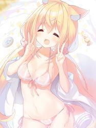Rule 34 | 1girl, :d, ^ ^, amamiya mei, animal ear fluff, animal ears, bare shoulders, bikini, bikini under clothes, blonde hair, blush, breasts, candy wrapper, cleavage, closed eyes, collarbone, commentary, double v, front-tie bikini top, front-tie top, groin, hair between eyes, hair ornament, hair over shoulder, hair scrunchie, hairclip, hands up, highres, jacket, long hair, low twintails, medium breasts, mofu-mofu after school, mofumofu channel, navel, off shoulder, open clothes, open jacket, open mouth, p19, pink bikini, pink scrunchie, scrunchie, side-tie bikini bottom, smile, solo, swimsuit, symbol-only commentary, twintails, v, very long hair, white jacket