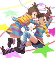 Rule 34 | 2girls, blue thighhighs, brown eyes, brown hair, full body, futami ami, futami mami, grin, idolmaster, idolmaster (classic), moai (aoh), multicolored shirt, multiple girls, siblings, side ponytail, sisters, smile, striped clothes, striped thighhighs, thighhighs, twins, v, v over eye