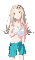 Rule 34 | 1girl, absurdres, bare shoulders, blush, breasts, camisole, earrings, gakuen idolmaster, grey hair, hair ornament, hairclip, highres, idolmaster, jewelry, long hair, looking at viewer, midriff, navel, orange eyes, papiyon1297, shinosawa hiro, shorts, simple background, small breasts, smile, solo, stud earrings, toned, white background, white camisole