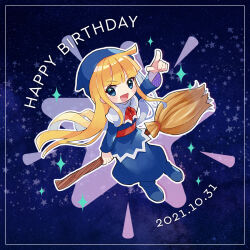 Rule 34 | 1girl, blue background, blue eyes, blue footwear, blue headwear, blue shirt, blue skirt, blush stickers, broom, broom riding, dated, happy birthday, kashima miyako, long sleeves, open mouth, pointing, pointing up, puyopuyo, shirt, sidesaddle, skirt, solo, star (symbol), witch, witch (puyopuyo)