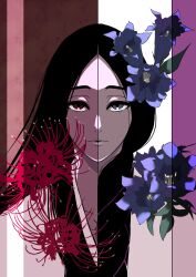 Rule 34 | 1girl, anno im, black hair, bleach, close-up, commentary, flower, grey eyes, haori, heterochromia, highres, japanese clothes, kimono, long hair, looking at viewer, red eyes, solo, unohana retsu