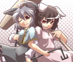 Rule 34 | 2girls, animal ears, brown eyes, brown hair, rabbit ears, capelet, carrot, carrot necklace, crossed arms, dowsing rod, female focus, grey hair, grin, hammer, inaba tewi, jewelry, md5 mismatch, mouse ears, multiple girls, nazrin, necklace, one eye closed, pendant, red eyes, short hair, smile, teeth, touhou, wink, yoshi tama