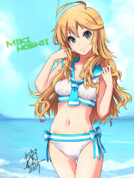 Rule 34 | 1girl, ahoge, bare arms, bare shoulders, bikini, blonde hair, blue neckerchief, blue sky, blurry, blurry background, bow, breasts, character name, cleavage, closed mouth, cloud, cowboy shot, day, depth of field, gluteal fold, green eyes, hands up, head tilt, horizon, hoshii miki, idolmaster, idolmaster (classic), long hair, looking at viewer, mistrail, neckerchief, ocean, sailor bikini, sailor collar, side-tie bikini bottom, signature, sky, small breasts, smile, solo, standing, striped, striped bow, swimsuit, tareme, water, white bikini