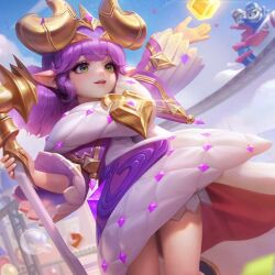Rule 34 | 1girl, alice (arena of valor), arena of valor, blue sky, cloud, day, dress, green eyes, holding, holding staff, horns, jewelry, lilianakokomi (user mxpw5845), pink dress, pink hair, sky, smile, solo, staff