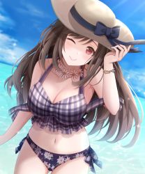 Rule 34 | 1girl, bikini, blue sky, bracelet, breasts, brown eyes, brown hair, cleavage, closed mouth, commentary request, cowboy shot, daisy, day, floral print, flower, flower necklace, frilled bikini, frills, gluteal fold, hat, hat ribbon, highres, idolmaster, idolmaster shiny colors, jewelry, kirifrog, long hair, looking at viewer, medium breasts, navel, necklace, ocean, one eye closed, outdoors, pink bikini, print bikini, ribbon, sidelocks, sky, smile, solo, sun hat, swimsuit, thigh gap, tsukioka kogane