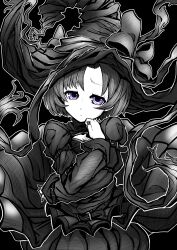 Rule 34 | 1girl, absurdres, belt, black background, cleavage cutout, clothing cutout, commentary request, dress, expressionless, halloween, hat, hat ribbon, highres, idolmaster, idolmaster cinderella girls, large hat, long sleeves, looking at viewer, monochrome, multiple belts, nazo no diaboro, purple eyes, ribbon, shiragiku hotaru, short hair, simple background, solo, spot color, upper body, witch hat