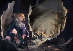 Rule 34 | 1girl, absurdres, aiguillette, aircraft, airplane, asymmetrical legwear, belt, black thighhighs, blonde hair, blue hairband, blue ribbon, blue shirt, bolt action, cloud, cloudy sky, cross, cross necklace, crying, damaged, dark talker, deep wound, fighter jet, fire, full body, girls&#039; frontline, gloves, gun, hair between eyes, hair ribbon, hairband, highres, holding, holding gun, holding weapon, injury, jet, jewelry, long hair, looking to the side, military, military vehicle, mismatched legwear, missile, necklace, outdoors, ponytail, purple gloves, red eyes, ribbon, rifle, ruins, russian flag, scarf, scope, shirt, shorts, sidelocks, sitting, skirt, sky, sniper rifle, solo, sv-98, sv-98 (girls&#039; frontline), thigh strap, thighhighs, torn clothes, weapon, white scarf