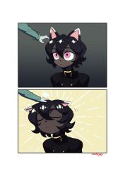 Rule 34 | 1boy, 1girl, 2020, 2koma, absurdres, animal ears, black hair, buttons, cat ears, closed eyes, closed mouth, colo (nagrolaz), comic, double-breasted, furry, headpat, highres, leaning forward, original, pink eyes, short hair, signature, silent comic