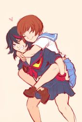 10s 2girls ^_^ black_hair blue_eyes brown_eyes brown_hair closed_eyes fang grin streaked_hair hug hug_from_behind kill_la_kill loafers mankanshoku_mako matoi_ryuuko midriff multicolored_hair multiple_girls navel piggyback school_uniform senketsu serafuku shoes single_glove smile suspenders valdgeist yuri