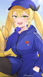 Rule 34 | 1girl, absurdres, baseball cap, black pantyhose, black ribbon, blonde hair, blue hat, blue jacket, breasts, crossed bangs, dokibird (vtuber), green eyes, hair ribbon, hand in pocket, hat, highres, indie virtual youtuber, jacket, lendivere, open mouth, pantyhose, ribbon, signature, solo, teeth, tomato, track jacket, trophy, twintails, upper teeth only, virtual youtuber, white ribbon