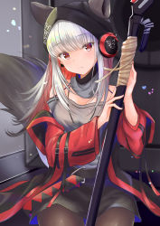 Rule 34 | 1girl, absurdres, animal ears, arknights, black headwear, breasts, commentary request, ears through headwear, eyelashes, fox ears, fox girl, fox tail, frostleaf (arknights), grey shirt, headphones, highres, holding, holding weapon, implied extra ears, jacket, looking at viewer, medium breasts, off-shoulder shirt, off shoulder, pantyhose, red eyes, red jacket, rgrey00, shirt, silver hair, solo, tail, weapon