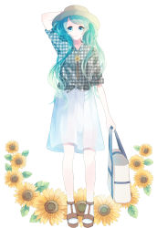 Rule 34 | 1girl, absurdres, aqua eyes, aqua hair, flower, full body, hat, hatsune miku, highres, long hair, maayan, simple background, skirt, smile, solo, sunflower, twintails, vocaloid, white background