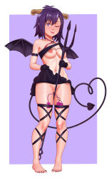 Rule 34 | 1girl, ;p, aethos, bare shoulders, barefoot, black gloves, black skirt, bottomless, breasts, clothed masturbation, clothes lift, crop top, demon girl, demon horns, demon tail, demon wings, egg vibrator, female masturbation, full body, gabriel dropout, gloves, grinding, groin, hair between eyes, hair ornament, hairclip, hallelujah essaim, heart, heart tail, highres, holding, holding polearm, holding weapon, horns, leg strap, legs, lifted by self, masturbation, medium breasts, medium hair, midriff, miniskirt, nail polish, naughty face, navel, nipples, no bra, no panties, no shoes, o-ring, o-ring top, object insertion, one eye closed, pleated skirt, polearm, purple eyes, purple hair, purple nails, self exposure, sex toy, shirt lift, skirt, skirt lift, solo, tail, thigh strap, thighs, tongue, tongue out, trident, vaginal, vaginal object insertion, vibrator, vignette tsukinose april, weapon, wings, x hair ornament