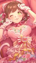 Rule 34 | 1girl, ;3, ahoge, artist name, beads, birthday, blush, bow, bowtie, breasts, brown hair, cat symbol, cat tail, chagi chage, choker, cleavage, clenched hands, commentary, couch, detached sleeves, dress, earrings, eyelashes, fake tail, fang, fingernails, floral print, frilled choker, frilled sleeves, frills, from above, glove cuffs, gloves, green eyes, hair bow, hands up, idol, idol clothes, idolmaster, idolmaster cinderella girls, idolmaster cinderella girls starlight stage, jewelry, lace, lace-trimmed dress, lace trim, layered dress, lips, looking at viewer, lying, maekawa miku, medium bangs, medium breasts, messy hair, multicolored clothes, multicolored dress, multiple hair bows, official alternate costume, on back, on couch, one eye closed, pink bow, pink choker, pink nails, pink sleeves, polka dot, polka dot dress, red bow, red bowtie, rose print, sidelocks, signature, smile, solo, straight-on, straight hair, swept bangs, tail, upper body, white gloves, wrist bow, yellow bow