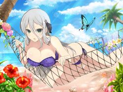 Rule 34 | 1girl, :o, beach, bikini, blue butterfly, blue sky, blush, breasts, bug, butterfly, cleavage, cloud, coconut, coconut tree, collarbone, day, floral print, flower, green eyes, grey hair, hair between eyes, hair ornament, hammock, hibiscus, horizon, insect, large breasts, leaf, lens flare, light particles, long hair, looking at viewer, ocean, official art, open mouth, outdoors, palm leaf, palm tree, pink flower, pink rose, plant, purple bikini, purple flower, purple rose, red flower, rose, sand, seashell, senkou (senran kagura), senran kagura, senran kagura new link, shell, shiny skin, side-tie bikini bottom, sky, solo, sparkle, starfish, strapless, strapless bikini, swimsuit, tree, tropical, water, white flower, yaegashi nan, yellow flower