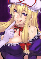 Rule 34 | 1girl, bare shoulders, blonde hair, bow, breasts, cleavage, elbow gloves, female focus, gloves, hair bow, hat, large breasts, licking lips, long hair, mochizuki anko, naughty face, purple eyes, solo, tongue, tongue out, touhou, upper body, yakumo yukari