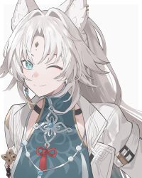 Rule 34 | 1girl, animal ear fluff, animal ears, blue eyes, blue shirt, commentary request, earrings, facial mark, feixiao (honkai: star rail), forehead mark, highres, honkai: star rail, honkai (series), jacket, jewelry, leaning forward, long hair, looking at viewer, one eye closed, parted bangs, shirt, simple background, single earring, smile, solo, tassel, tassel earrings, white background, white jacket, younomiti